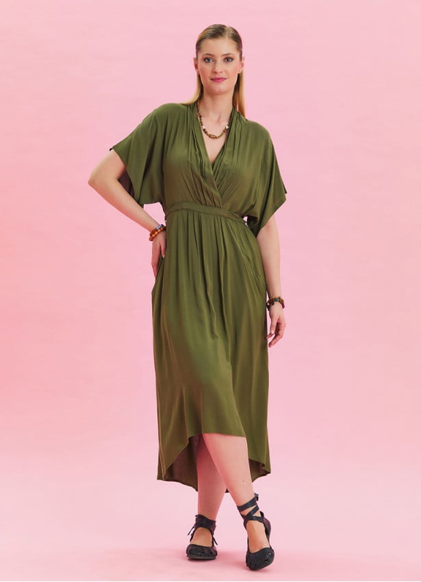 V Neck Pleated Detailed Khaki Casual Dress 4531
